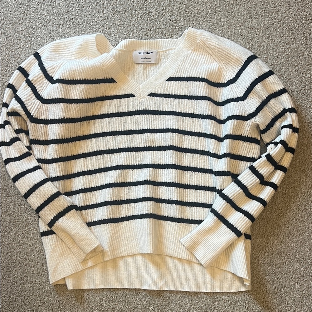 Old Navy Women's V-Neck Sweater - Black and Cream Stripes